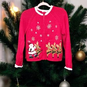 Derek Heart Christmas ugly/cute zip Sweater Red Santa & Reindeer Sequins & gems